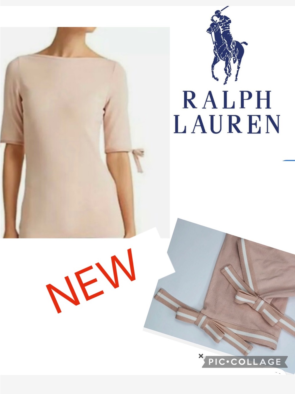 NEW Ralph Lauren Blush Boatneck Knit Top with Sleeve Tie